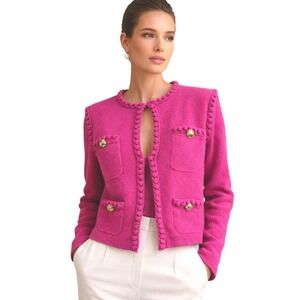 J Crew Womens Cardigan M Pink Gold Parisian Office Career Dressy Boucle Feminine